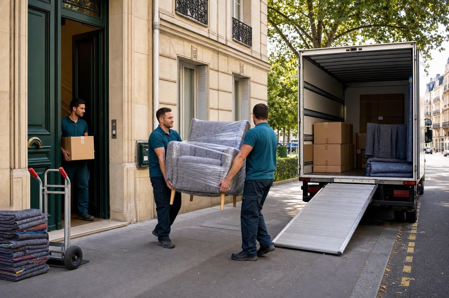 Déménageurs transportant un fauteuil entre un immeuble et un camion proche