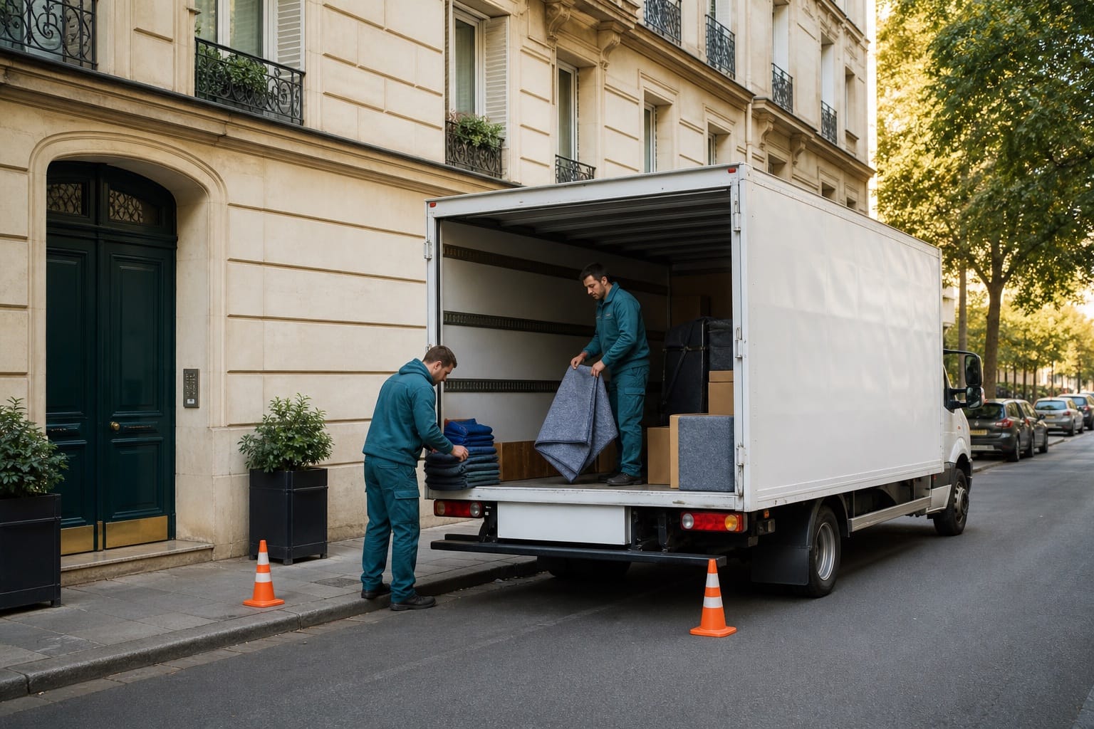 Camion de déménagement stationné devant un immeuble avec zone réservée
