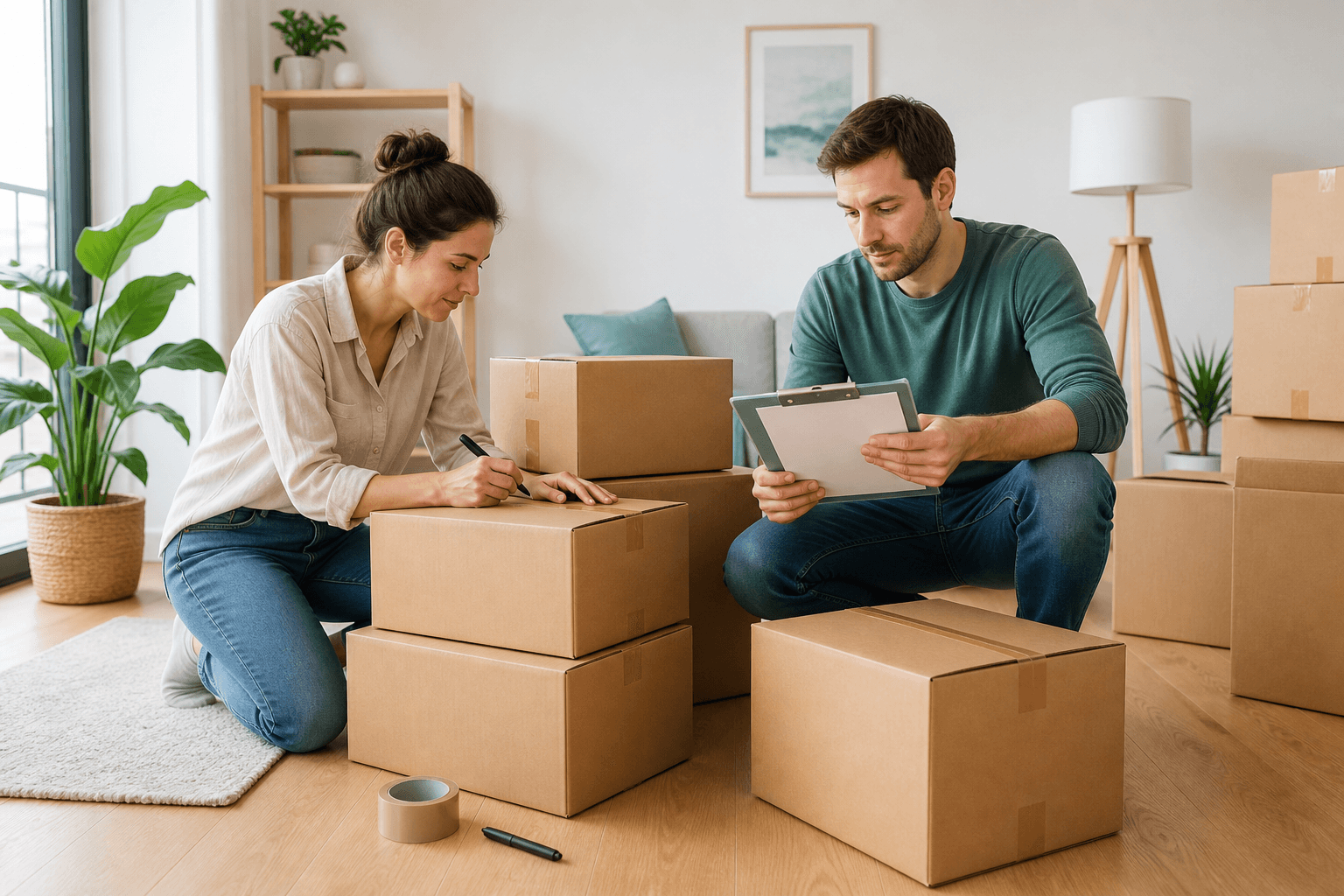 Couple estimant le nombre de cartons pour son déménagement