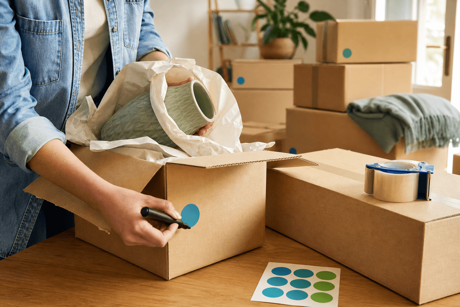 Emballage et étiquetage organisé des cartons de déménagement