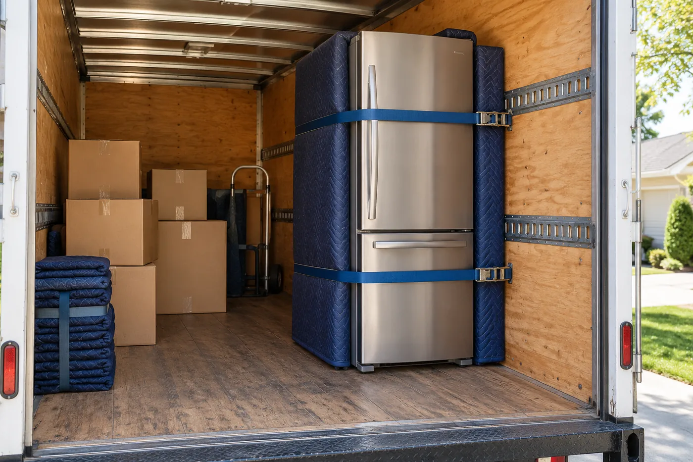 Transport d’un frigo protégé et maintenu debout dans un camion de déménagement